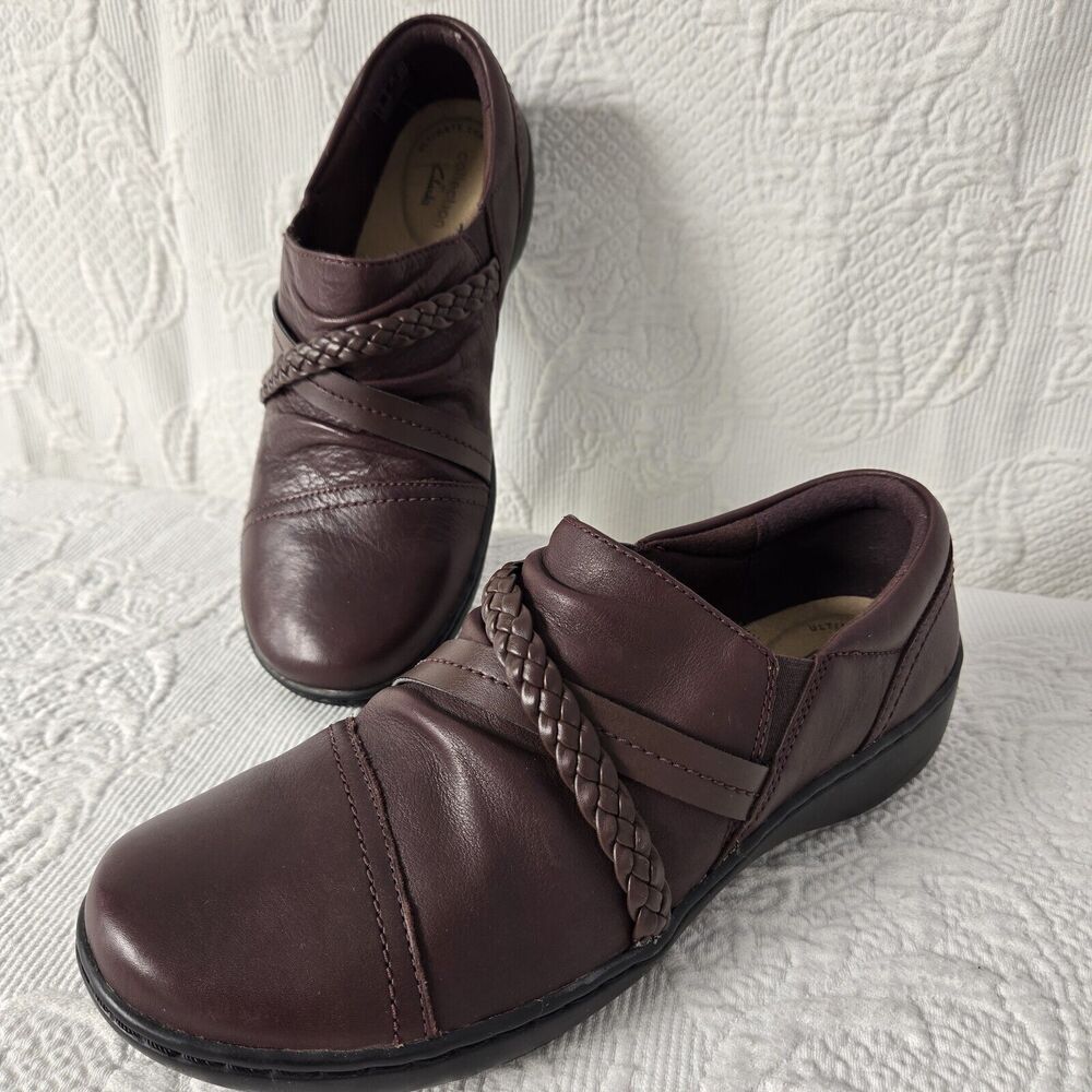 Clarks Womens Cora Braid Straps Maroon Red Leather Clogs Shoes 7